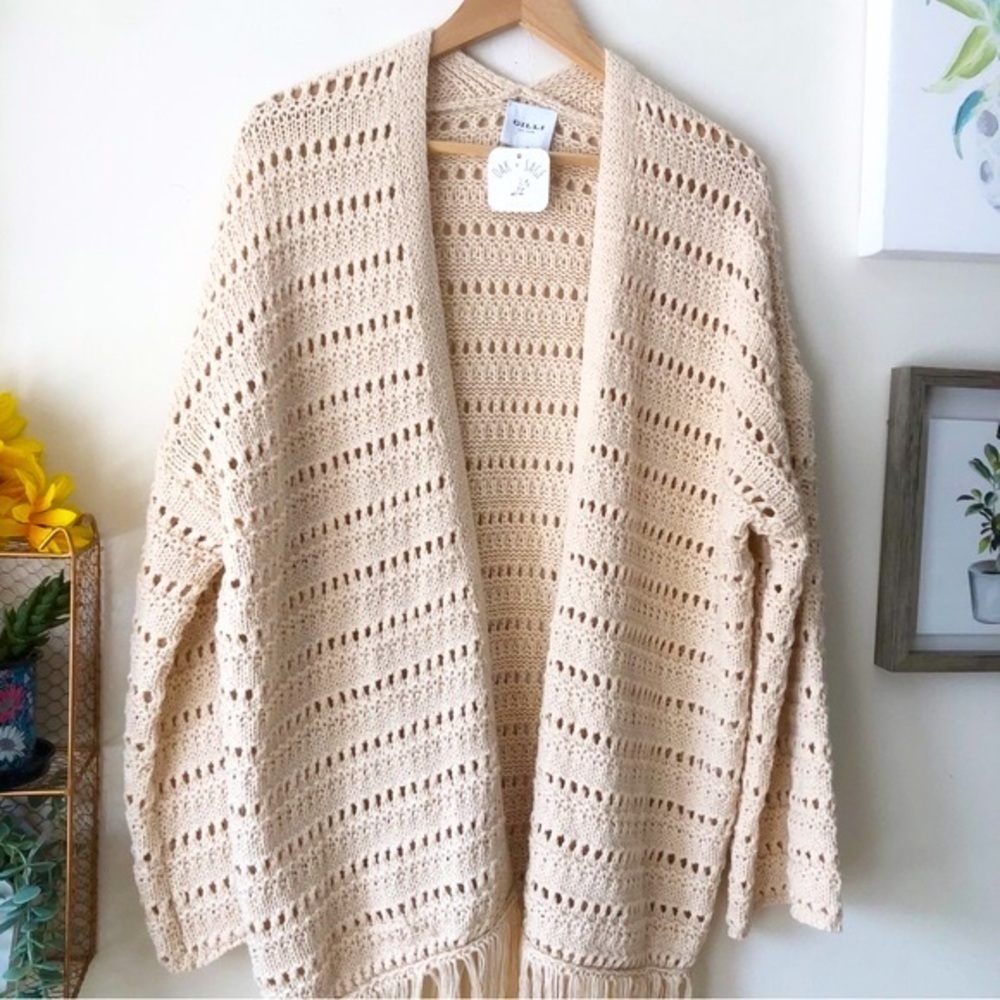 Crochet Knit Fringe Cardigan Boho Dreams by Gilli Natural Beige Size Medium - Picture 6 of 14